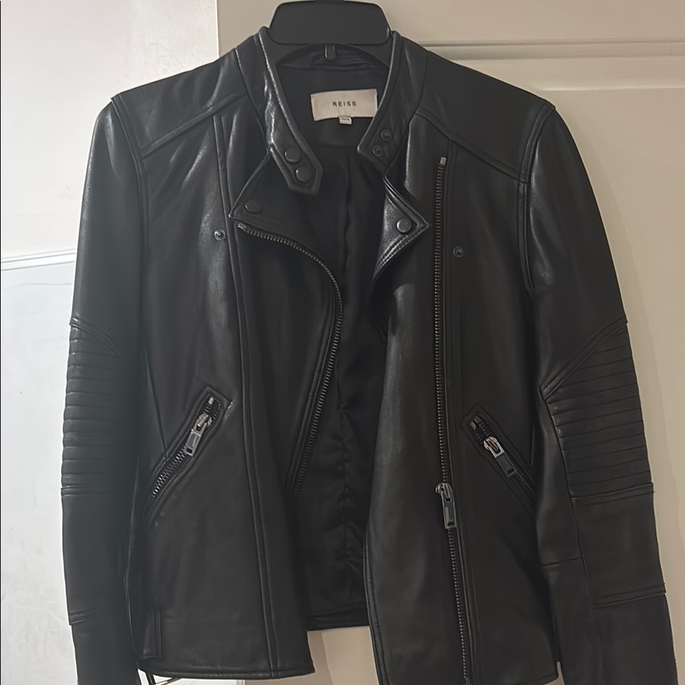 REISS Black Biker Leather Jacket
